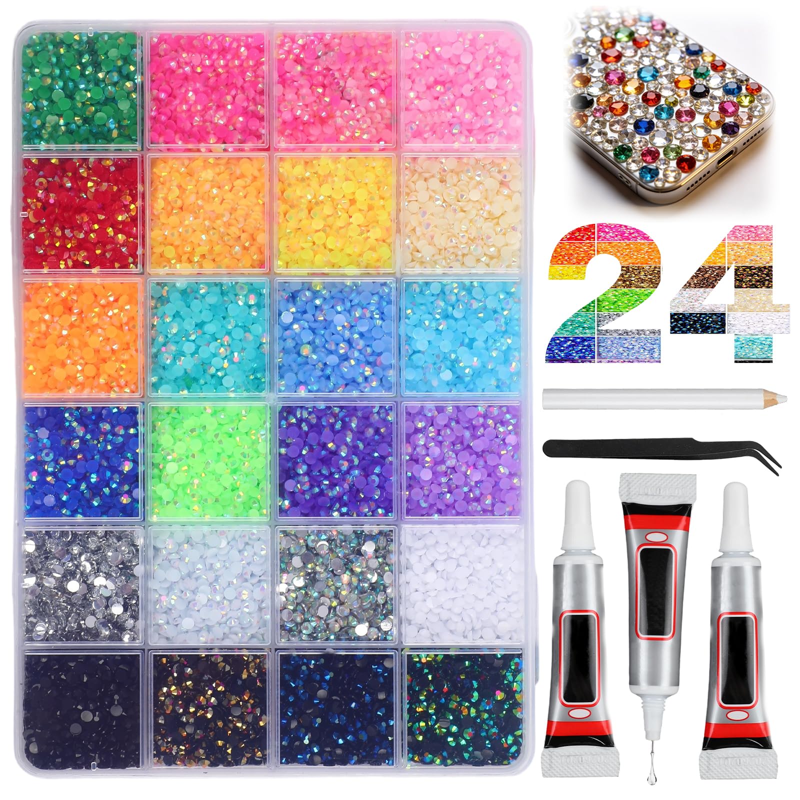 Photo 1 of 24000Pcs 24 Colors Resin Jelly Rhinestones for Bedazzling, Multicolor 3mm Flatback Gems for Diamond Art 3Pcs Jewelry Glue for Bedazzled Nail Art Makeup Crafting Book Shoes