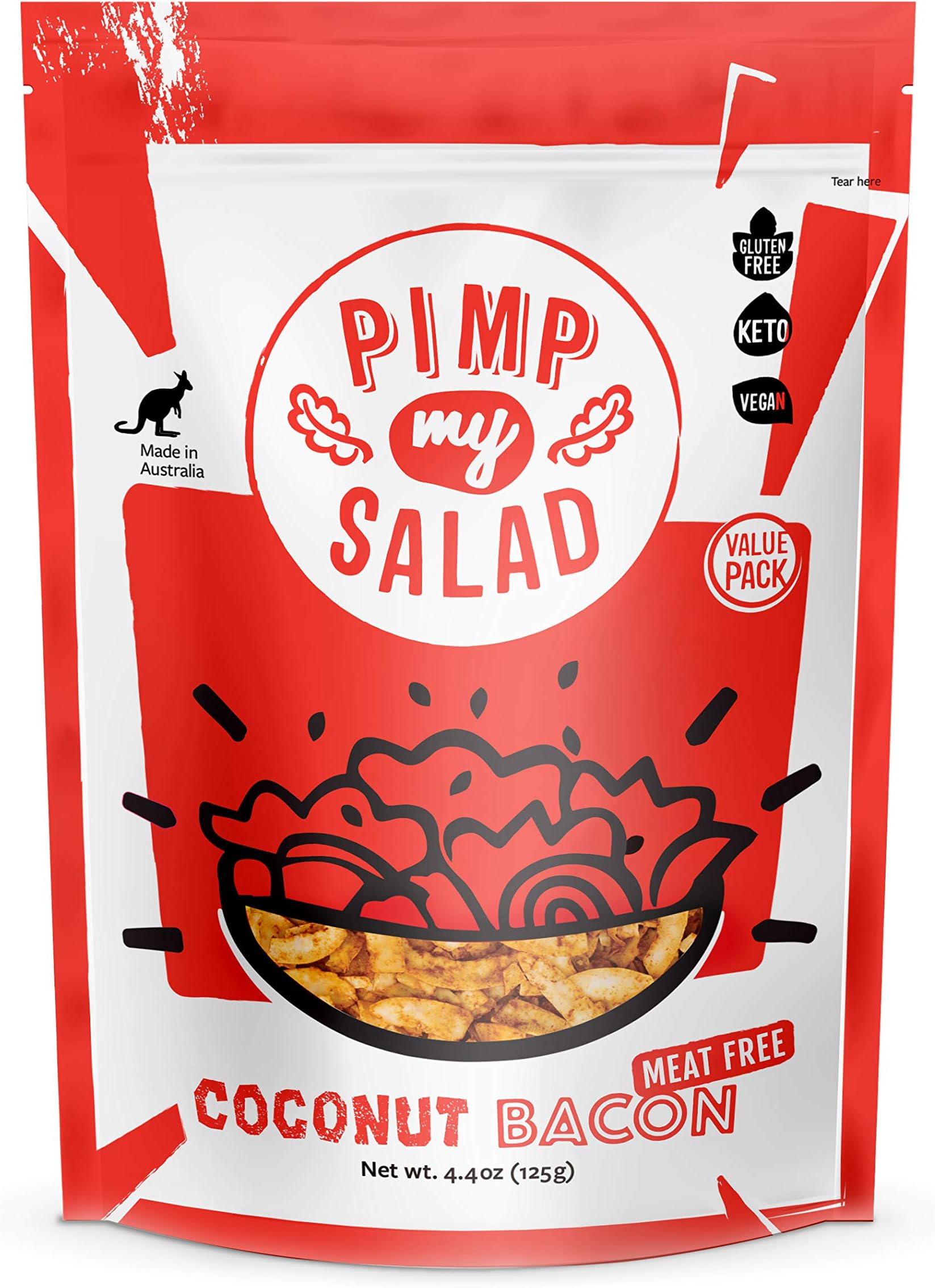 PIMP MY SALAD Coconut Bacon | Vegan Bacon Bits | Crispy Coconut with Smoky Bacon Flavor | Plant Based Protein | Paleo Crunchy Snack | Vegetarian and Vegan Friendly | Keto | Gluten Free | Low Carb