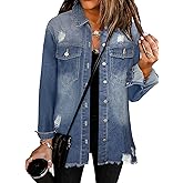 Bosmeer Women's Oversized Jean Jacket Casual Long Sleeve Denim Shirts Distressed Frayed Hem Denim Jackets Fall Outfits 2025