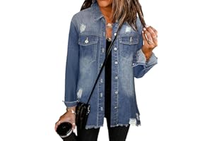 Bosmeer Women's Oversized Jean Jacket Casual Long Sleeve Denim Shirts Distressed Frayed Hem Denim Jackets Fall Outfits 2025