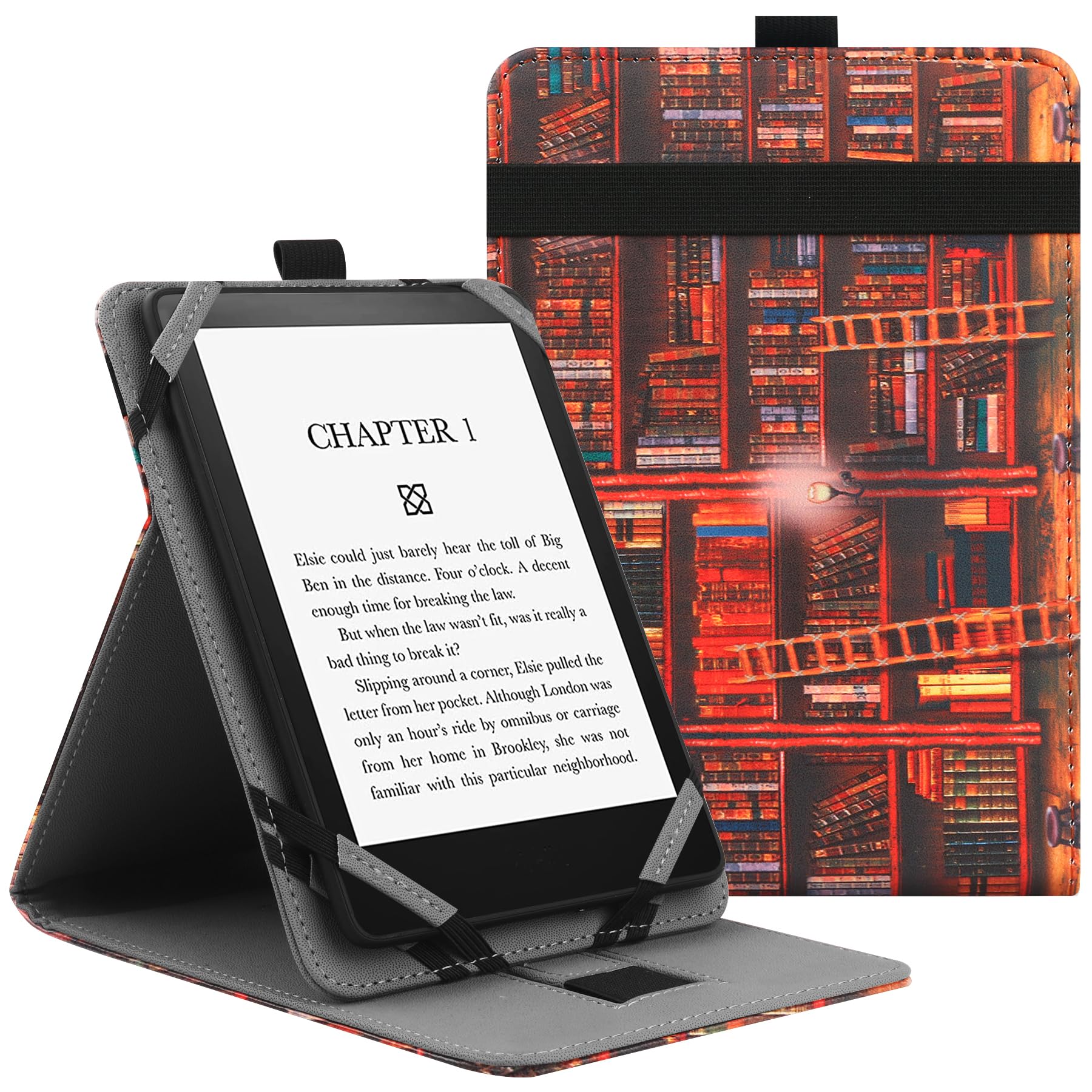 VOVIPO Universal Protective Case for 6" 6.8" 7" eReaders, Folio Stand Cover with Handstrap Compatible with Kobo/Tolino/Pocketook/Sony/paperwhite 6/6.8/7 inch ebook reader-Library