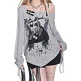 Women Goth T Shirt Harajuku Anime Graphic Y2K Tops Long Sleeve Off Shoulder Grunge Aesthetic Clothes