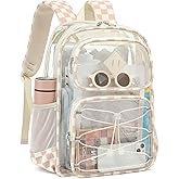 Lreneilu Clear Backpacks for Girls Women, Heavy Duty PVC Transparent Back Pack See Through Boys Kids Clear Bookbags for School Checkered Brown