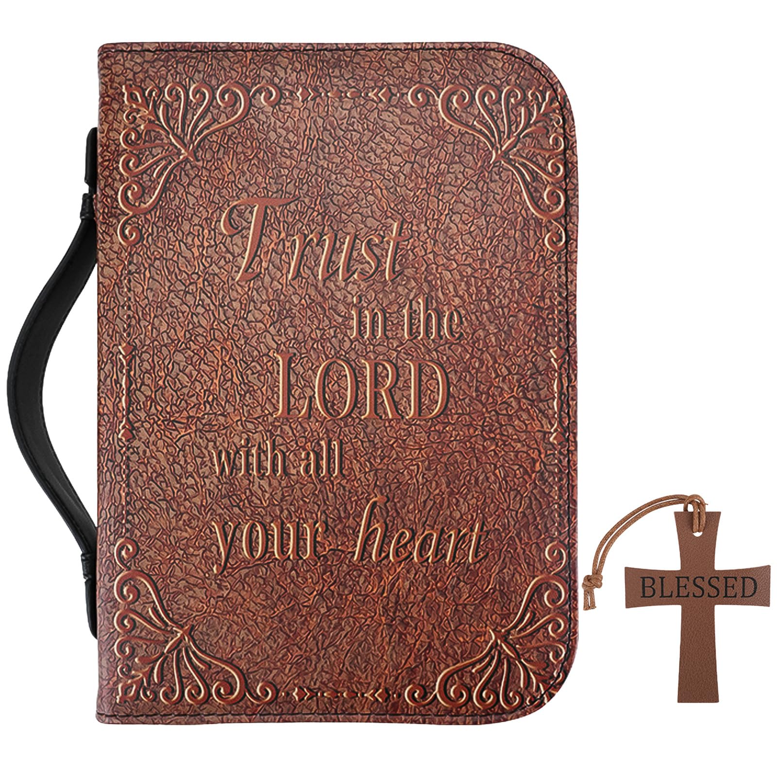 IBEQUEM Classic Bible Case, Brown PU Leather Vintage Bible Carrying Case with Durable Zipper and Handle, Bible Cover with Cross Bookmark for Home Church Gift