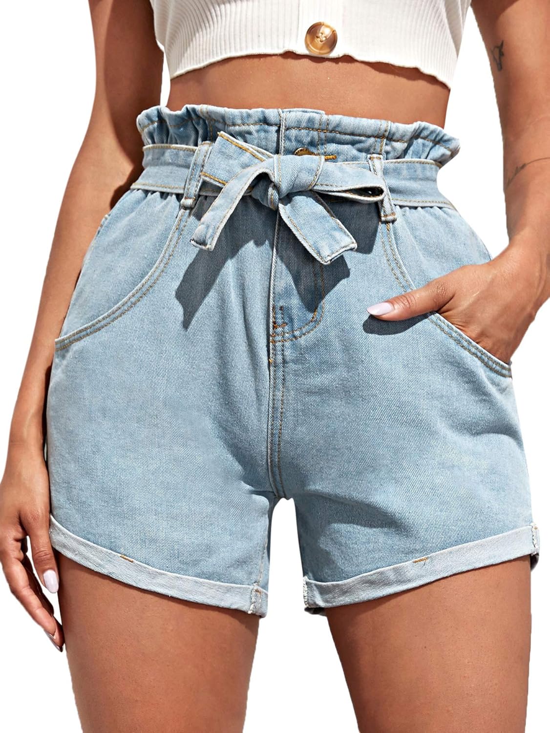 denim belted shorts