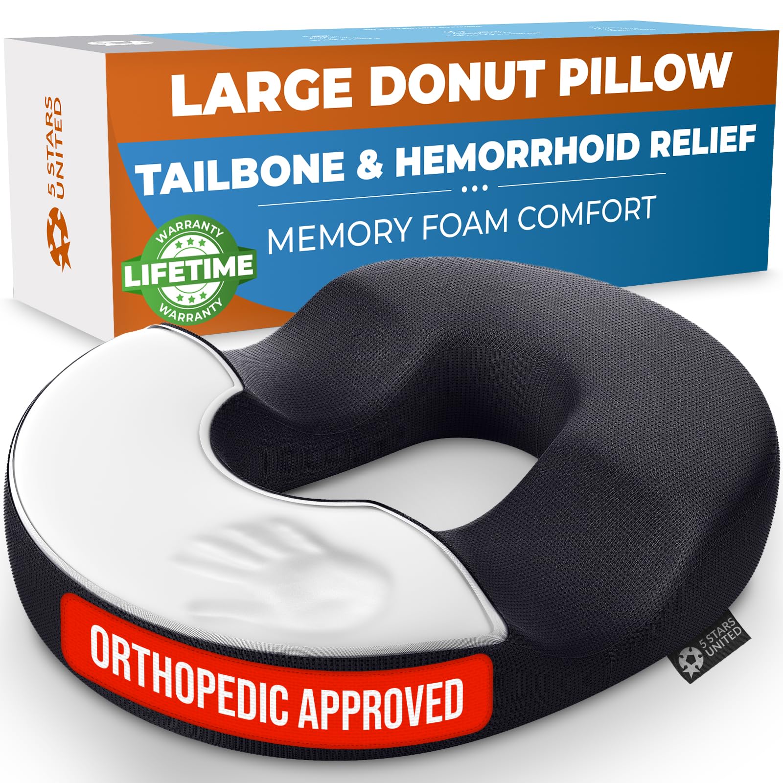 Photo 1 of 5 STARS UNITED Donut Pillow Hemorrhoid Tailbone Cushion – Large Cushion for Pain Relief – Coccyx, Prostate, Sciatica, Pelvic Floor, Pressure Sores, Pregnancy, Postpartum Recovery, Black