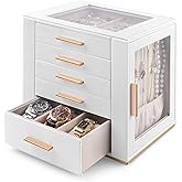 Homeanda Jewelry Box for Women with Glass Lid, 5 Drawers Jewelry Organizer and Storage for Necklaces, Rings, Earrings, Bracelets, Gift for Girls and Teens,PU Leather (White)