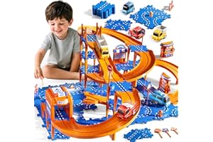 KIZONLY Puzzle Racer Kids Car Track Set, 4-Tier Race Tracks for Kids Ages 3-5 with 3 Cars, Traffic Parts, Trucks for Toddlers 2-4 Years, Floor Puzzle Tracks Car Gift for Boys Girls 3 4 5 Year Old