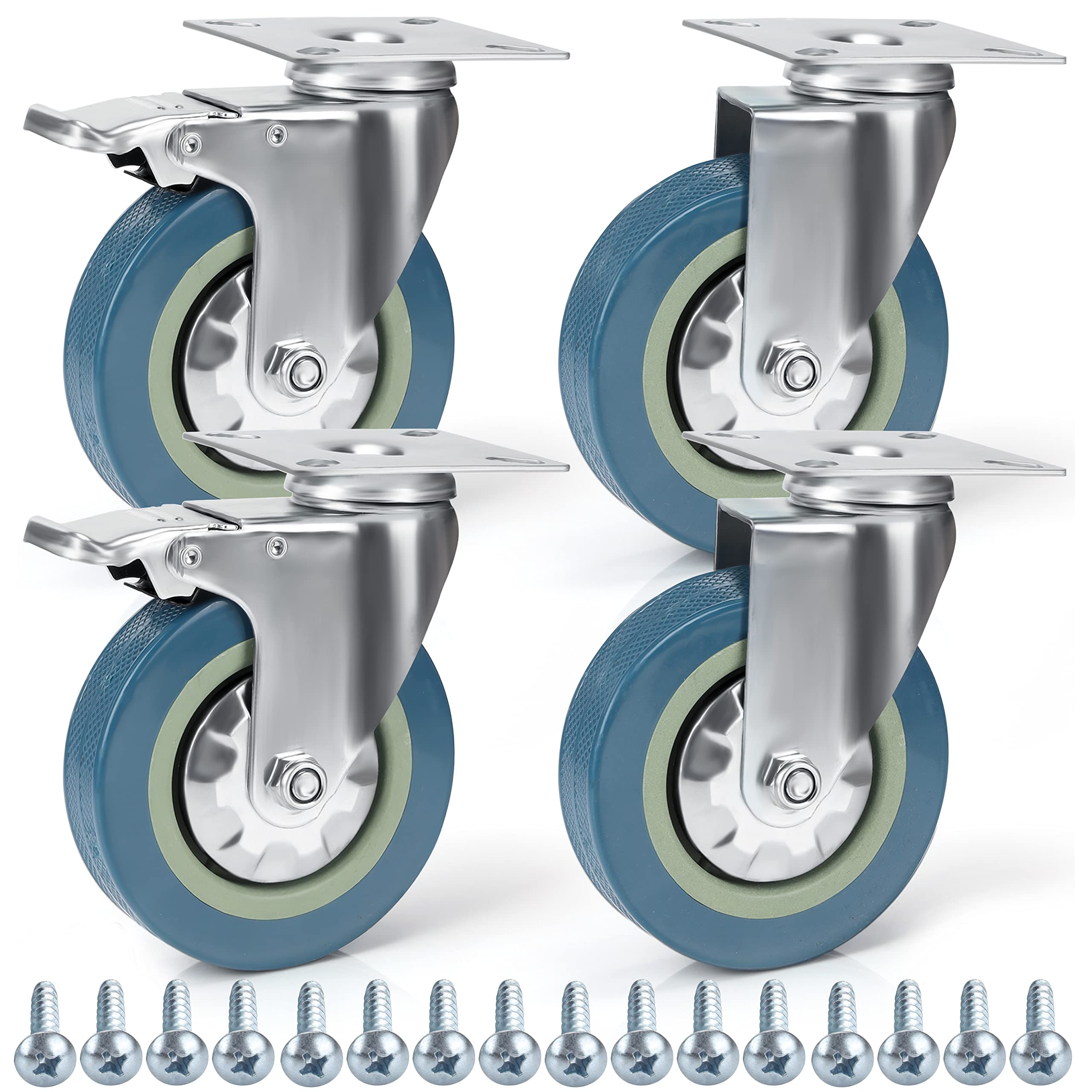 Kurtzy 4 Pack Heavy Duty Swivel Castor Wheels - 100mm Casters with Rubber Wheels, Screws, Locking Brakes and Metal Plates - Max Load 280kg / 617lbs - For Trolleys, Moving Furniture and Workbenches