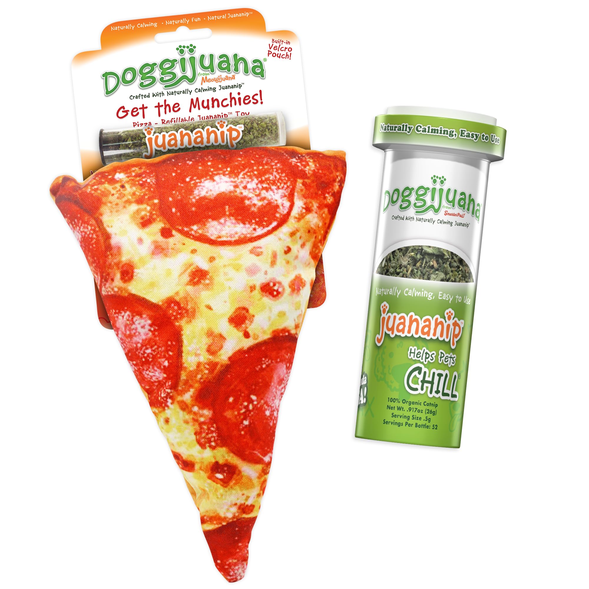 Doggijuana | Dog Toy and Juananip Refill Bundle | Includes Refillable Catnip Toy & Organic Catnip Refill | Naturally Calming (Pizza Bundle)