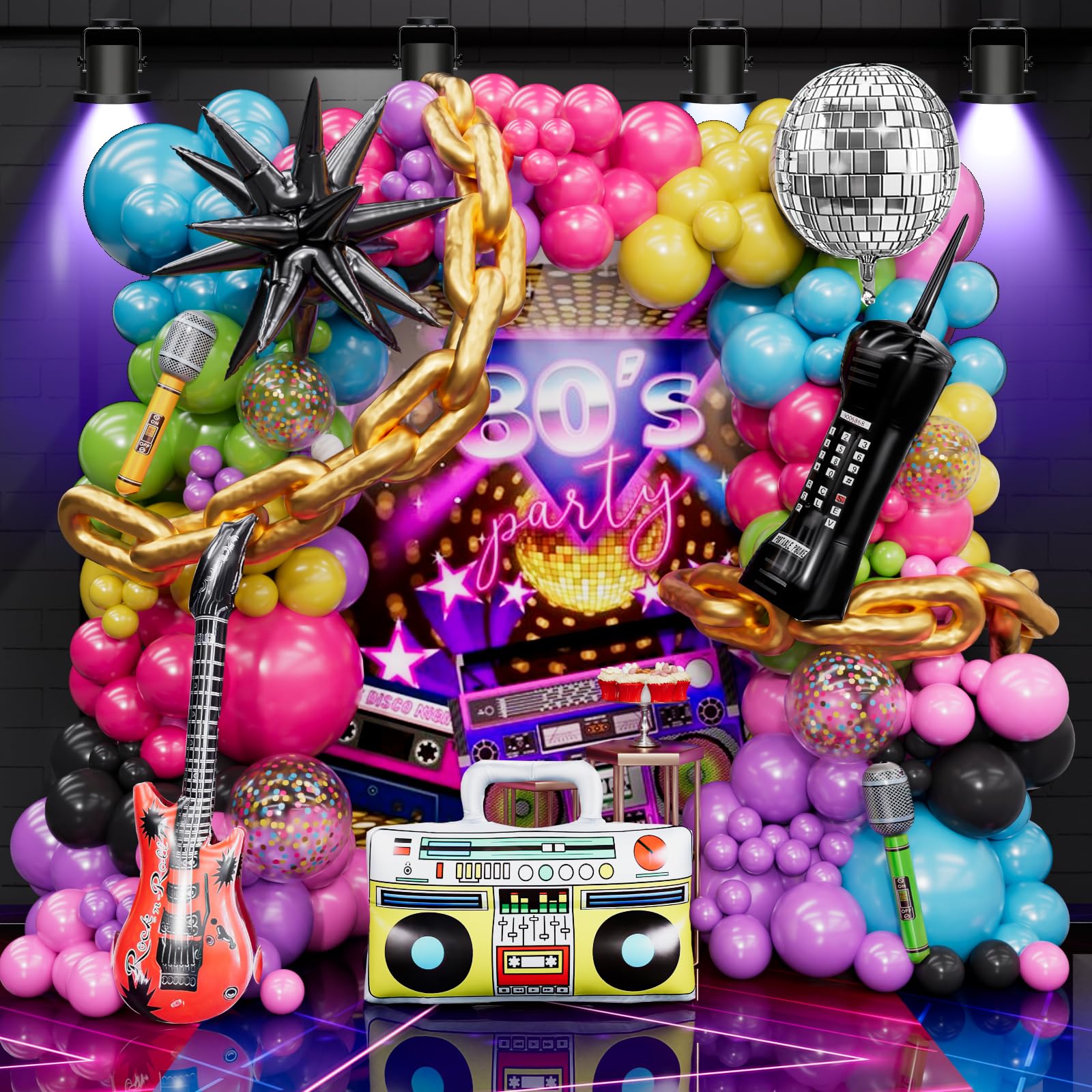 Photo 1 of 80s 90s Balloon Arch Kit – 142 PCS Party Decorations with Starburst Foil Balloon, Boom Box, Disco Ball Chain, Retro Phone & More for 80s & 90s Theme Party Decorations