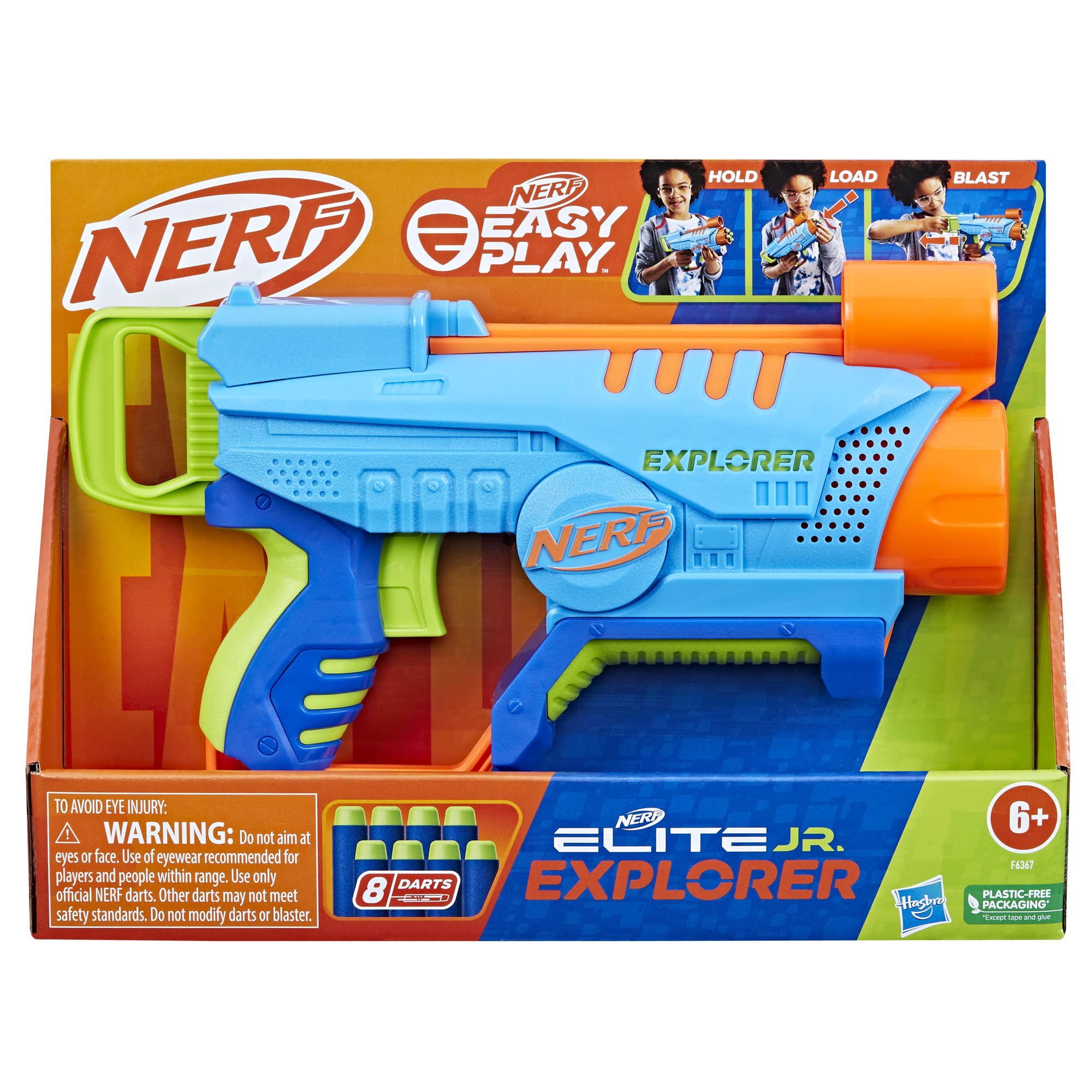 Nerf Elite Junior Explorer Easy-Play Toy Foam Blaster, 8 Darts for Kids Outdoor Games, Ages 6 & Up