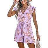 CUPSHE Women's Romper Tropical Flutter Sleeve Boho Overall V Neck Wide Leg Outfit Casual Beach