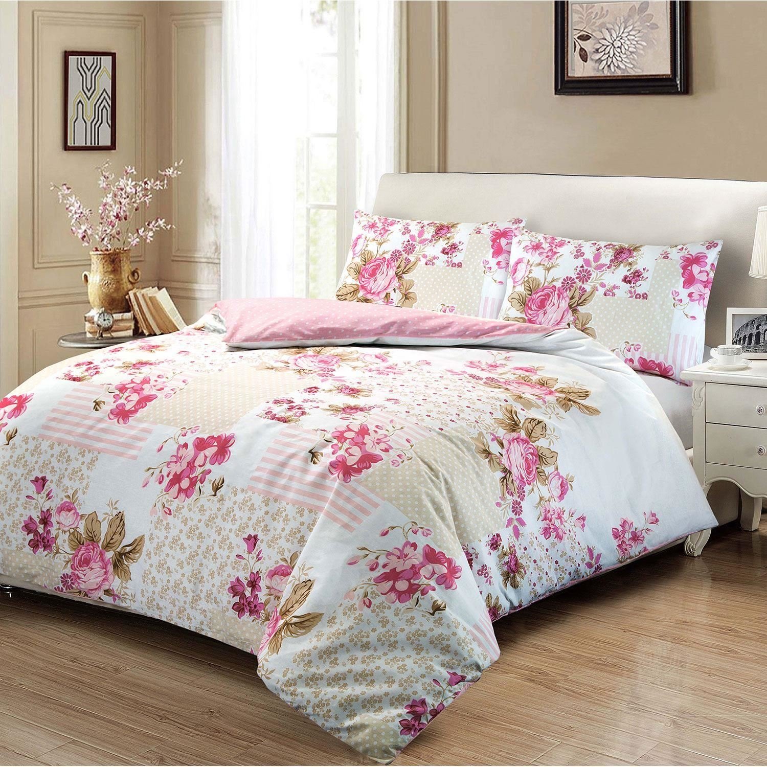 Elegant Patchwork Style Rose Floral 100 Cotton Printed Quilt Duvet