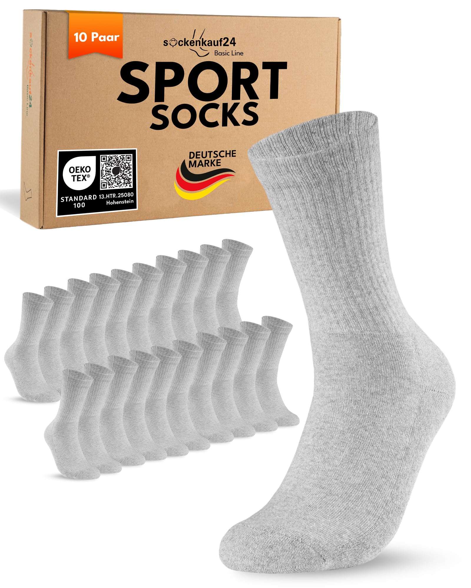 sockenkauf24 10 Paar Sportsocken Herren Grau 43-46 Tennissocken Atmungsaktive Baumwolle Crew Socken
