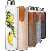 Cosumy Glass Water Bottle 25oz with Felt Sleeve - Borosilicate Glass - Leakproof Lid - BPA Free - Ideal for Work, Travel & Gym (Beige)