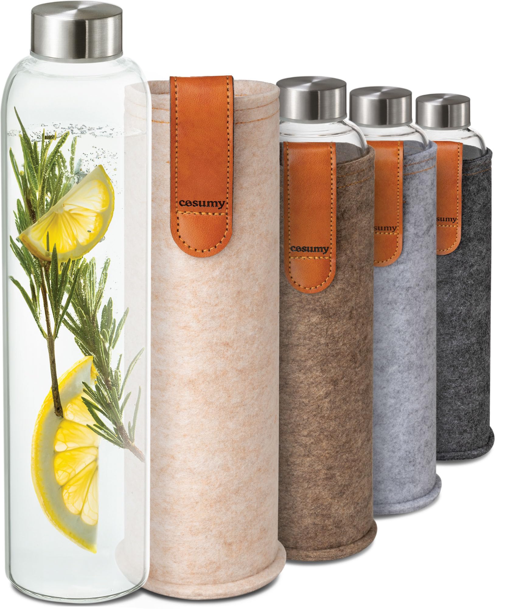 Cosumy Glass Water Bottle 750ml with Felt Cover - Dishwasher Safe - Leakproof - BPA Free - Carbonated Suitable (Beige)