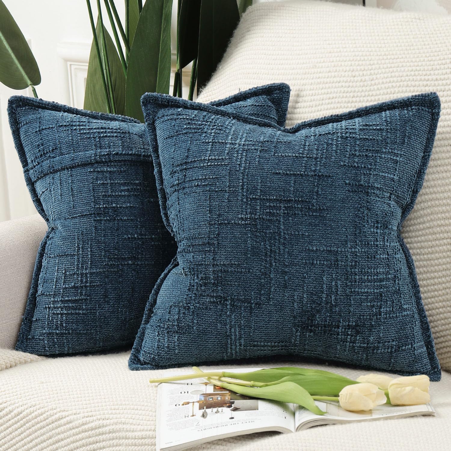 Photo 1 of MADIZZ Pack of 2 Chenille Throw Pillow Covers 20x20 Inch Blue Soft Neutral Decorative Throw Pillows for Couch Sofa Boho Accent Cushion Covers Modern Farmhouse Home Decor for Bedroom Living Room