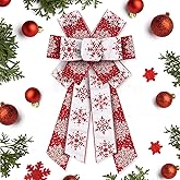 Hying Large Christmas Bows for Wreath, Christmas Wreath Bow Glitter Red White Burlap Bows Xmas Snowflake Craft Bows Ornaments for Front Door New Year Christmas Party Decoration Supplies