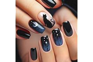 BYETOCE Halloween Press on Nails Square Fake Nails Acrylic Nails Kit with Black Cat Pattern Design Full Cover Artificial False Nails Medium Glue on Nails for Women Girls 24Pcs