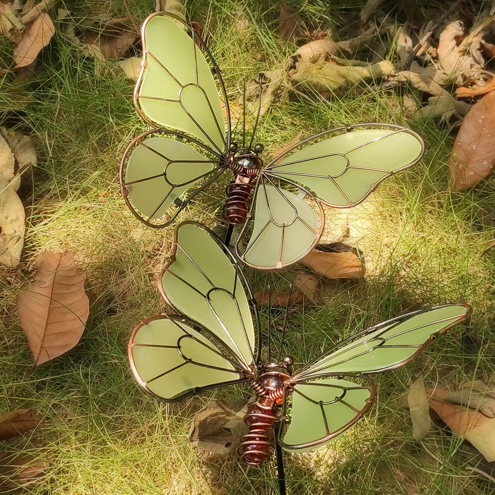 FANN 2 Pack Butterfly Dance Garden Stakes Decor Glow in Dark Metal Yard Art Indoor Outdoor Lawn Pathway Patio Ornaments 7" x 15": Garden & Outdoor