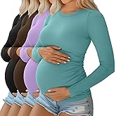Ficerd 4 Pack Women's Maternity Shirts Cotton Long Sleeve Ribbed Crew Neck Pregnancy Tops Side Ruched Casual Mama Clothes