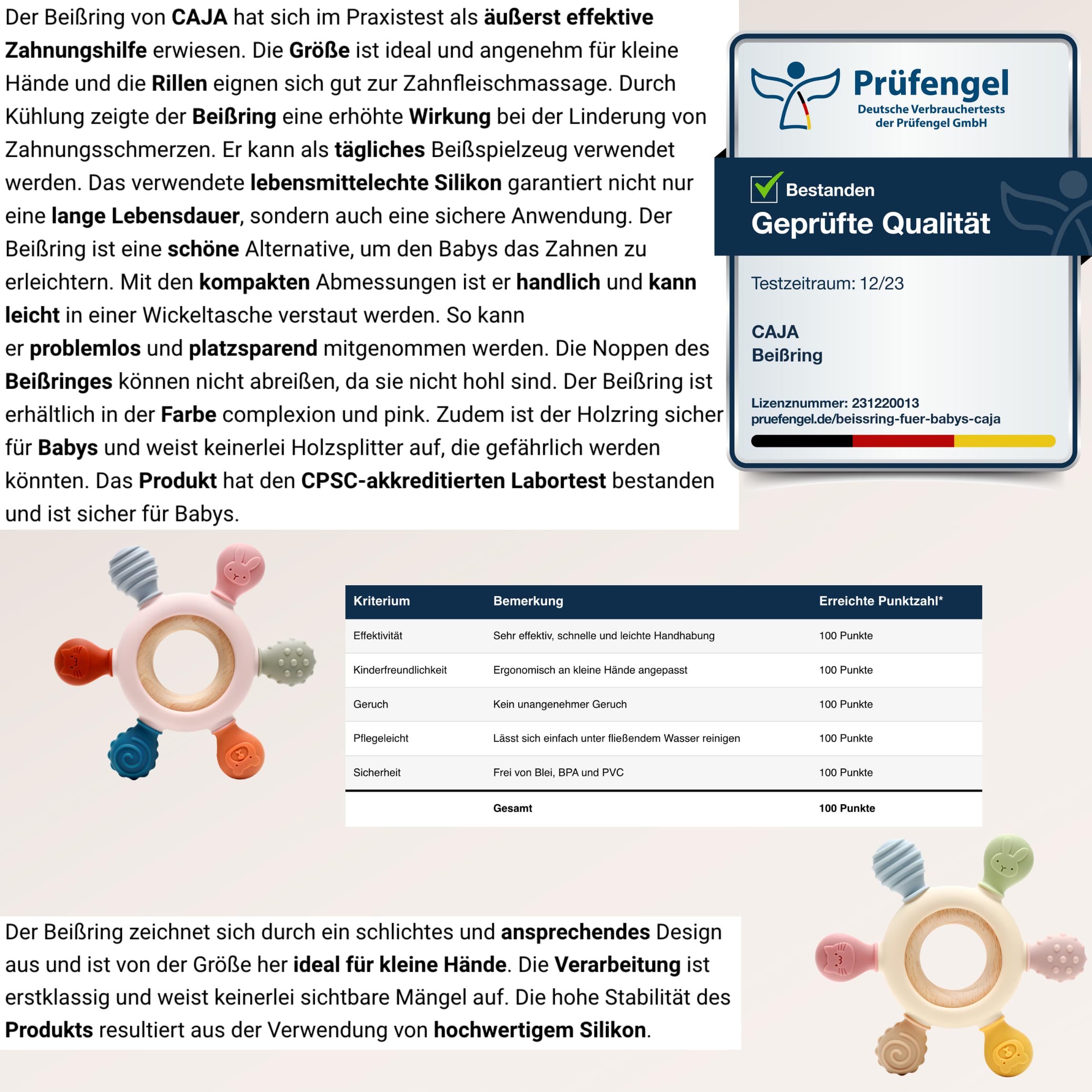 CAJA Beißring Baby BPA freie Zahnungshilfe und Beißspielzeug aus Silikon und Holz Greifring mit Tiermotiv Geschenkidee zur Geburt Sicheres Babyspielzeug für Jungen und Mädchen 3