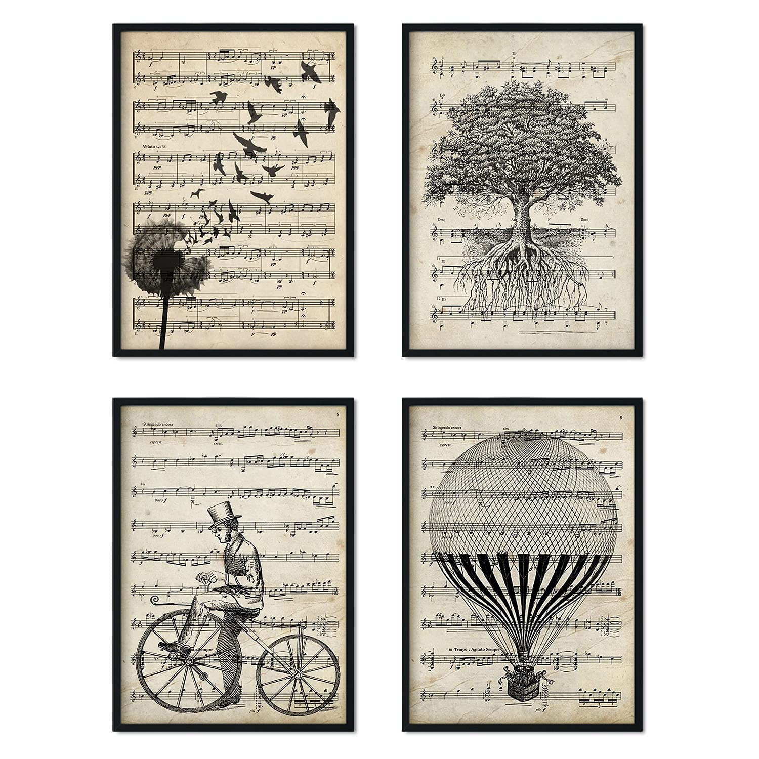 Nacnic Set of 4 Prints with Sheet Music Background | Prints with old Vintage Design of bike, globe, dreamcatcher, tree in brown beige background | A4 size | decor for room, walls, office, shops — image 1