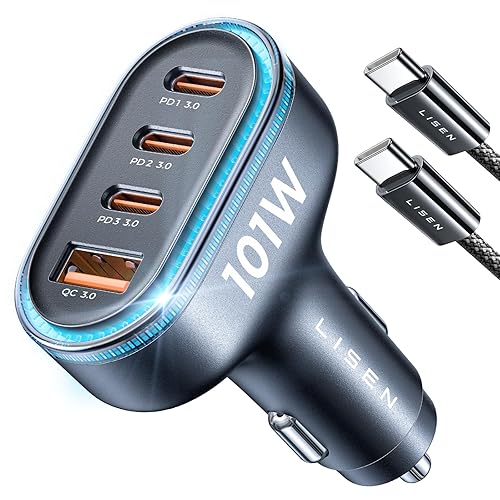 LISEN 101W USB C Car Charger 4 Port Cigarette Lighter Car USB Charger Multi Port with Cable Super Fast Charging Adapter PD3.0&QC3.0, Compatible with iPhone 16 Pro Max 15 14 Samsung S24 iPad