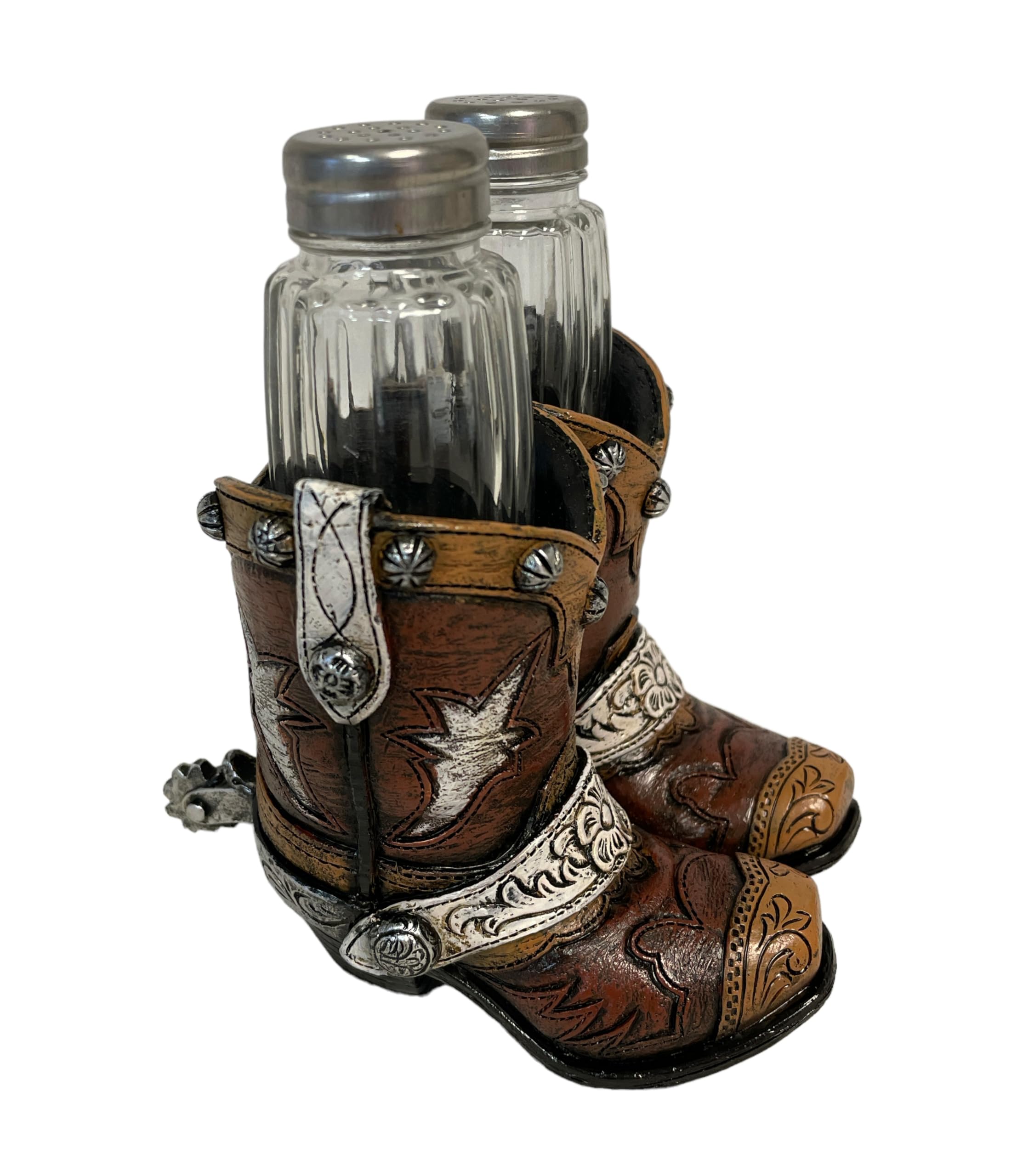 Photo 1 of De Leon Collections 14181 Cowboy Boots Brown and Silver Tone 5.7 Inch Polyresin and Glass Western Southwest Decorative Rustic For Kitchen or Dining Room Salt and Pepper Shaker Holder 3 Piece Set