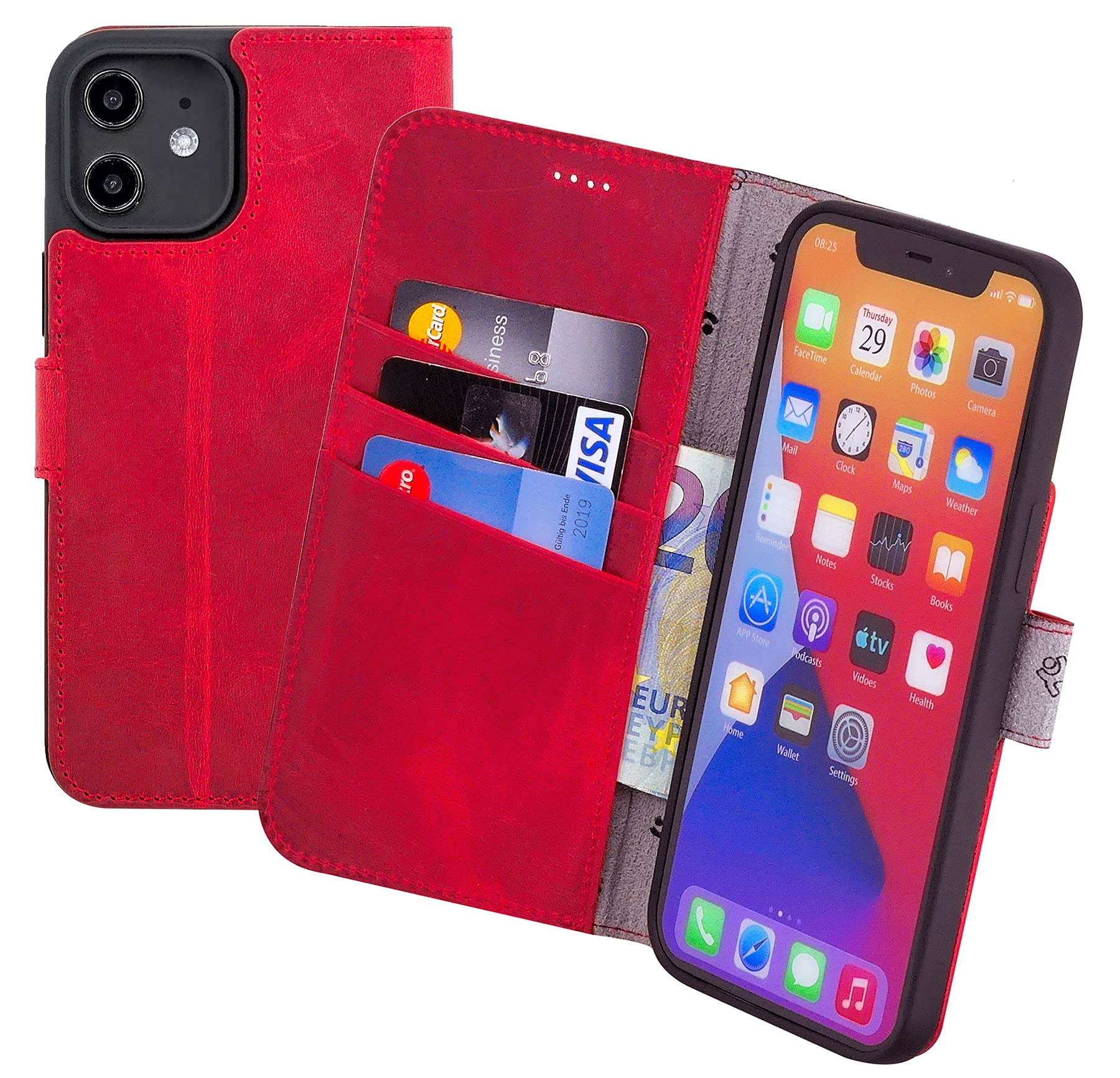 Suncase Book-style case compatible with iPhone 12 (6.1 inch) leather case (slim fit) leather mobile phone case protective case with 3 card slots in antique red