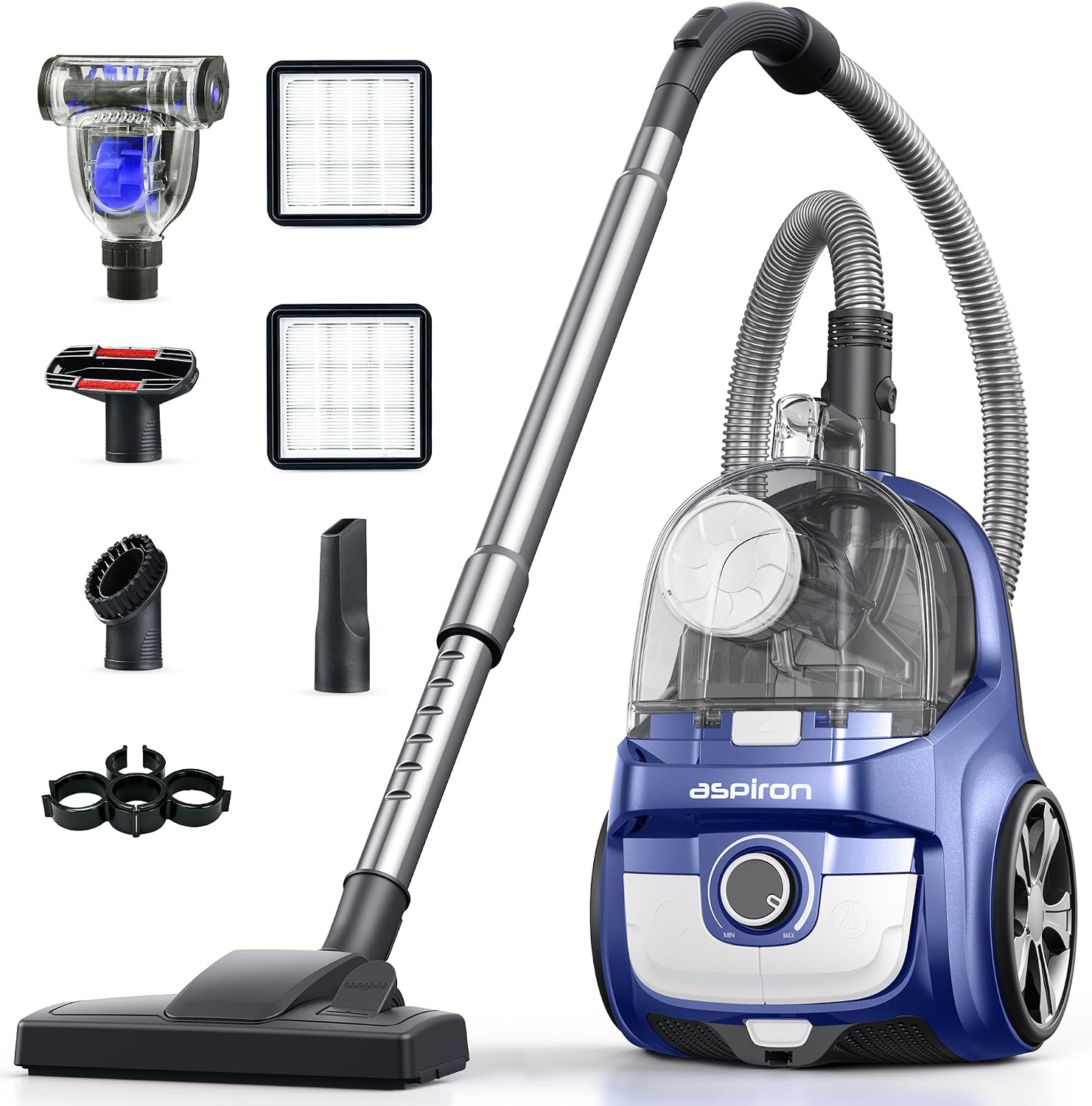 Aspiron Canister Vacuum Cleaner, 40Kpa Bagless Vacuum Cleaners, 4QT Large Dust Cup, Double HEPA Filter, Retractable Cord, 1600W Lightweight Vacuum Cleaner with 5 Tools for Hard Floors, Navy