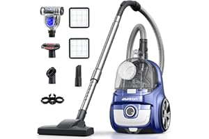 Aspiron Canister Vacuum Cleaner, 40Kpa Bagless Vacuum Cleaners, 4QT Large Dust Cup, Double HEPA Filter, Retractable Cord, 1600W Lightweight Vacuum Cleaner with 5 Tools for Hard Floors, Navy
