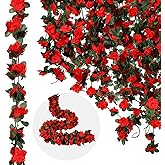 12 Pcs 100 ft Flower Garland Artificial Rose Vine with Green Leaves Hanging Artificial Flower Vines Ivy Garlands Wall Garden Decor for Room Wedding Birthday Arch Decor(Red)