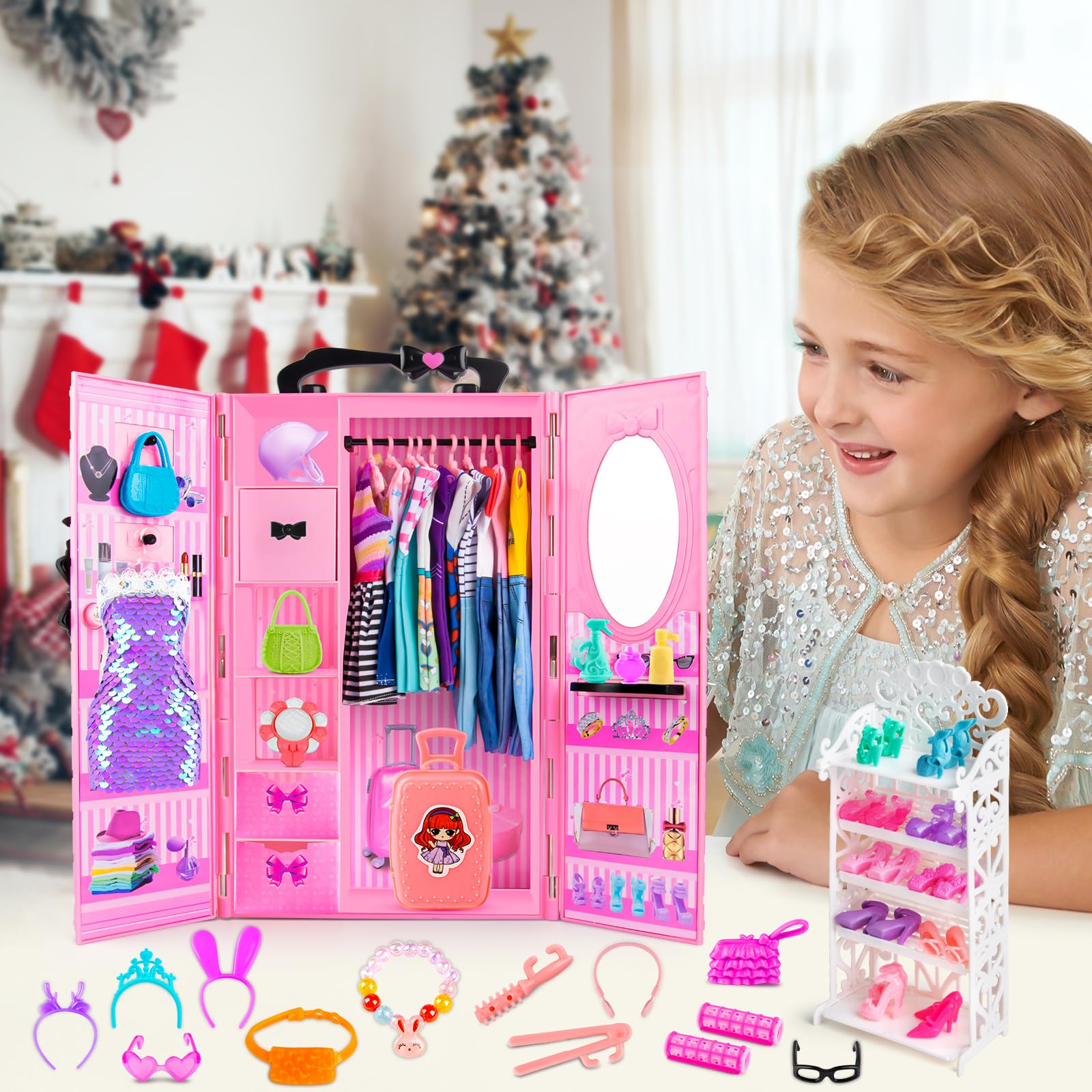 137 Pcs Doll Closet Playset Clothes and Accessories for 11.5 Inch Dolls, Included Princess Dresses,Fashion Dresses,Casual Clothing,Swimsuits,Bags,Shoes,Doll Dress up Toys for Girls Kids Toddlers Gifts