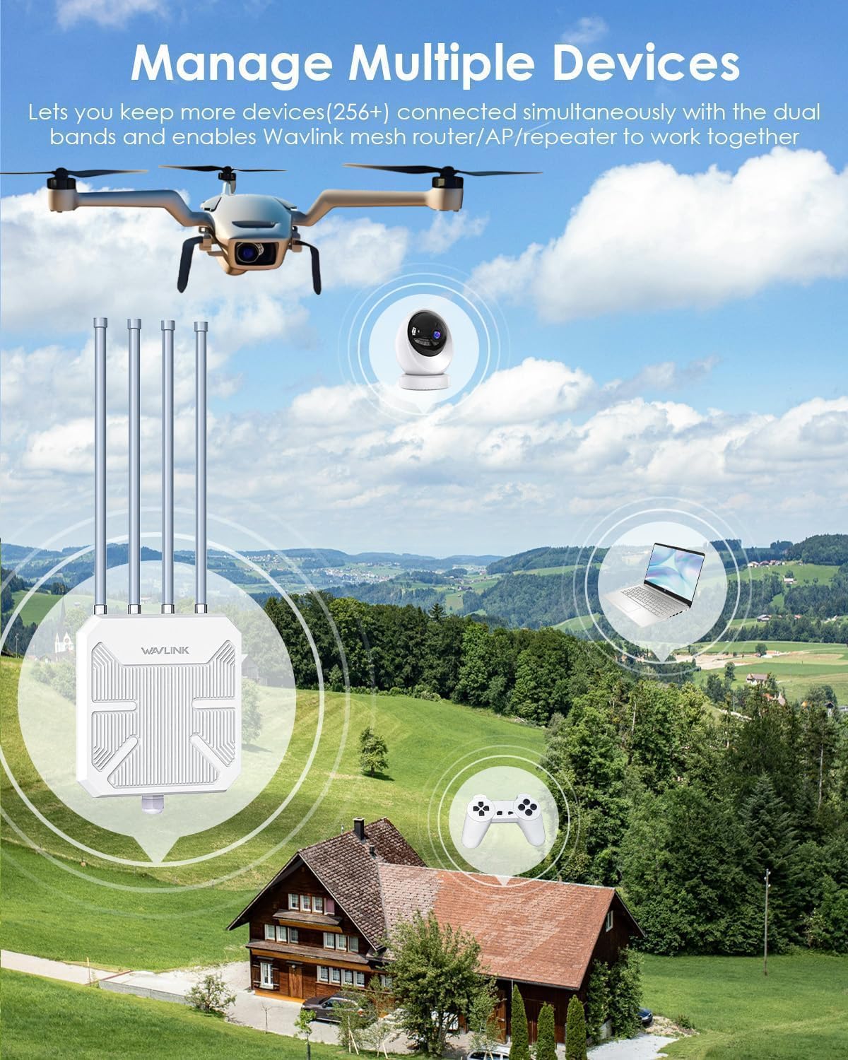 WAVLINK 2026 AX3000 WiFi 6 Wireless Outdoor Repeater, Long Range Outdoor WiFi Extender with Dual Band/PoE/IP67 /600mW of Power/Up to 256 Devices Work with Starlink, Support for Farm, Campsite