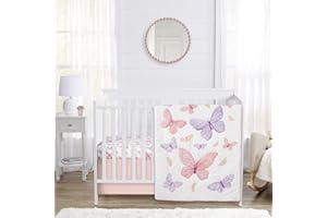 Sweet Jojo Designs 3-Piece Baby Crib Bedding Set (Shabby Chic Butterfly) for Girls, Infants/Nursery incl. Blanket, Fitted Sheet and Crib Skirt (Pink and Purple, Colorful, Pastel, Lilac, Watercolor)