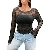 WDIRARA Women's Plus Size Sheer Mesh Boat Neck Bell Long Sleeve Top Lettuce Trim Blouse