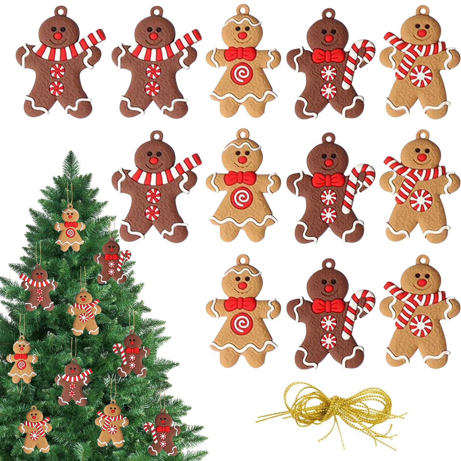 GWAWG 12PC Gingerbread Christmas Tree Decorations Gingerbread Man Hanging Ornaments Mini Gingerbread Men Pendants with Strings Christmas Decor Perfect for Xmas Tree Wreath Gate Door Party Decorations