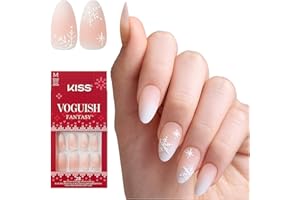 KISS Voguish Fantasy Holiday Press On Nails Almond, ‘Sleigh All’, Nude, Medium Length, No Damage To Natural Nails, Pink Gel Nail Glue (2g), Mini Nail File, Manicure Stick, & 28 Fake Nails