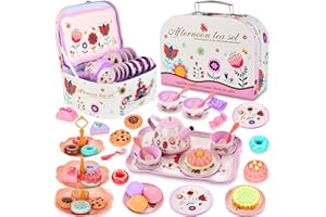 Lajeje Tea Party Set for Toddlers & Little Girls Ages 3-6 – Princess Pretend Play Kitchen Toy with Tin Tea Set, Desserts & Carrying Case