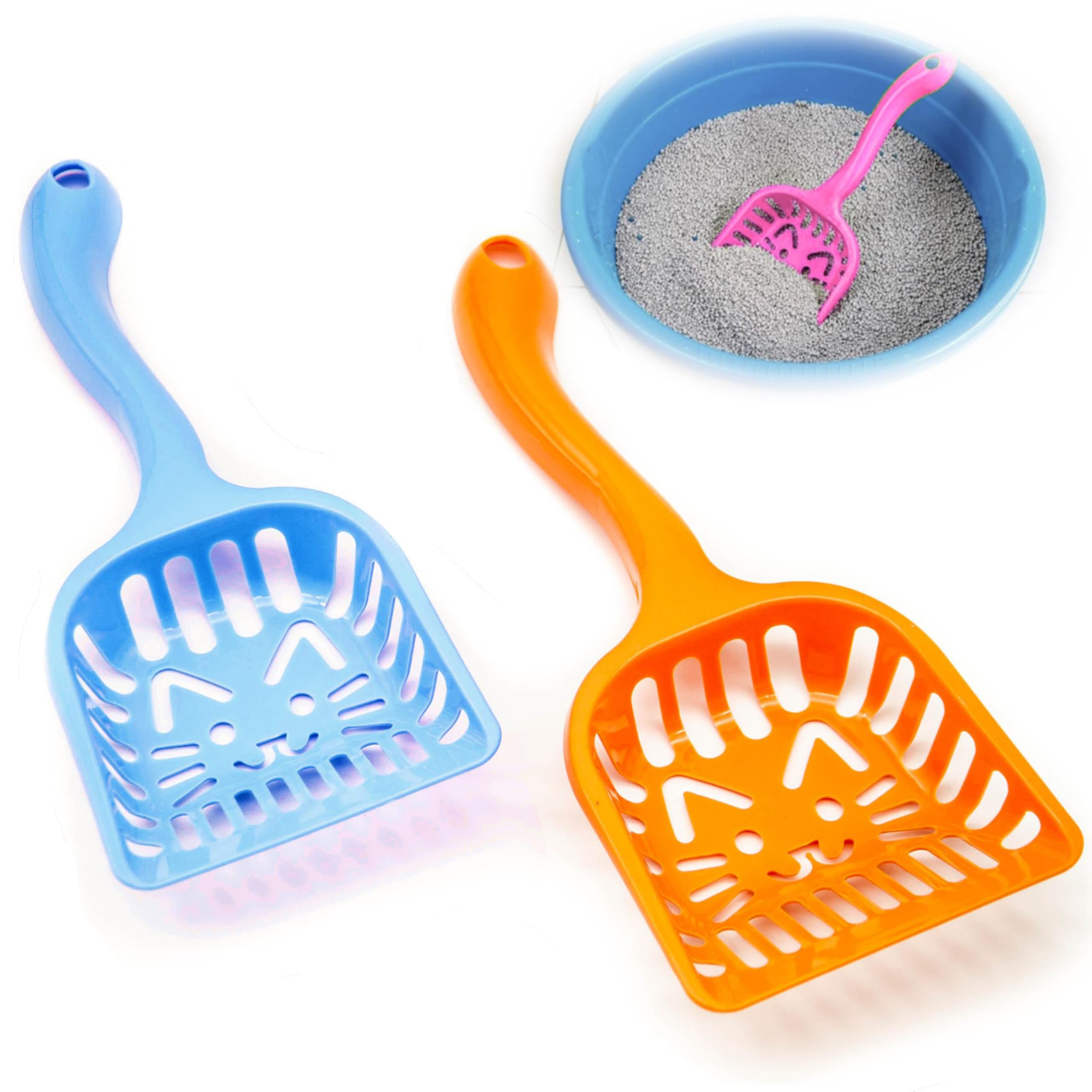 Petopedia Set of 2 – Strong Cat Litter Scoop – Plastic Shovel for Cats Litters, Poop Scoop – Handy Sand Sifter, Sieve Cleaning Tool – Used with Litter Box and Trays for Cats & Kittens (Blue/Orange)