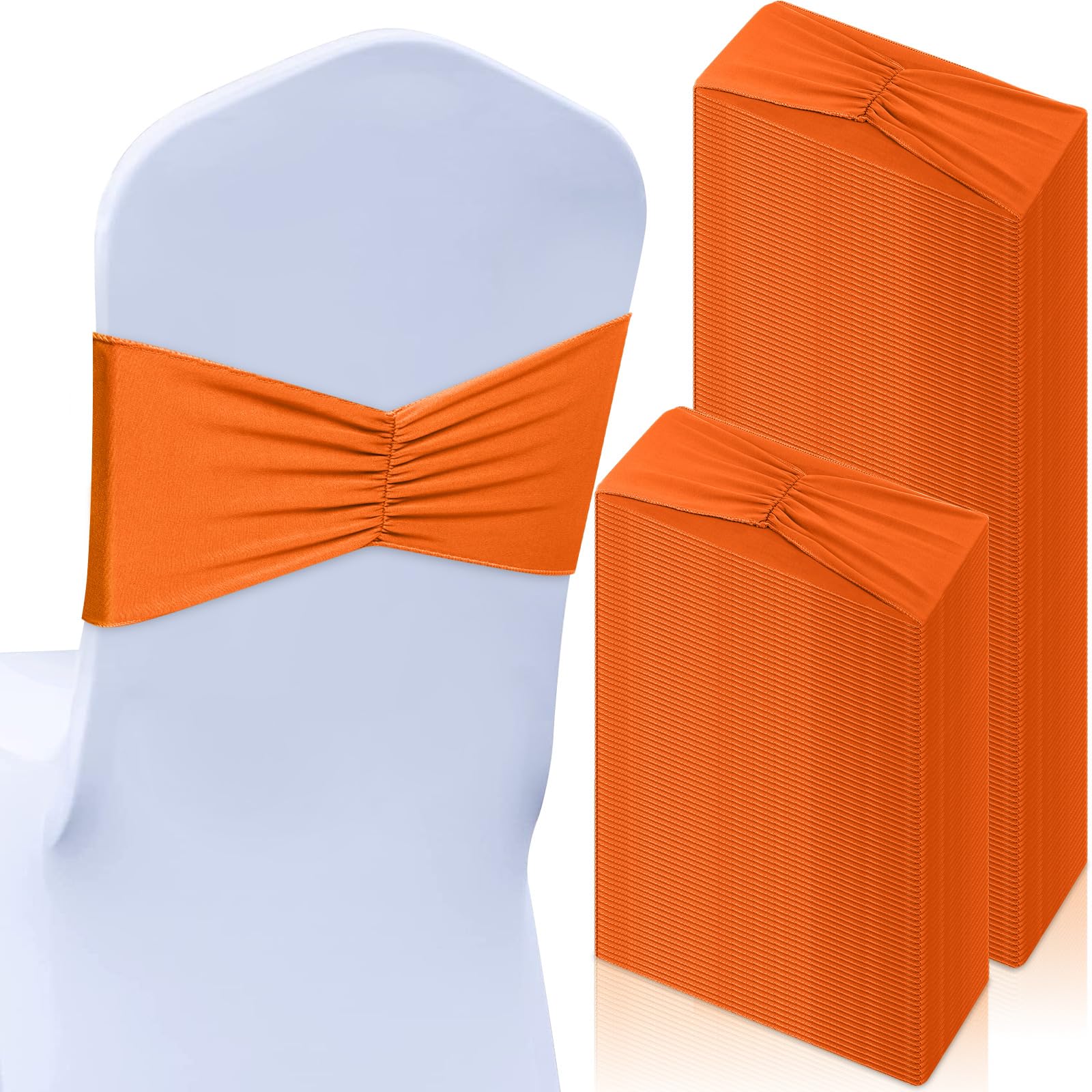 Photo 1 of Moukeren 100 Pcs Spandex Chair Sashes Bows Bands Slider Sashes for Chair Covers Elastic Bands Ties Ribbon Decorations for Wedding Party Events Ceremony Birthday Banquet(Orange)