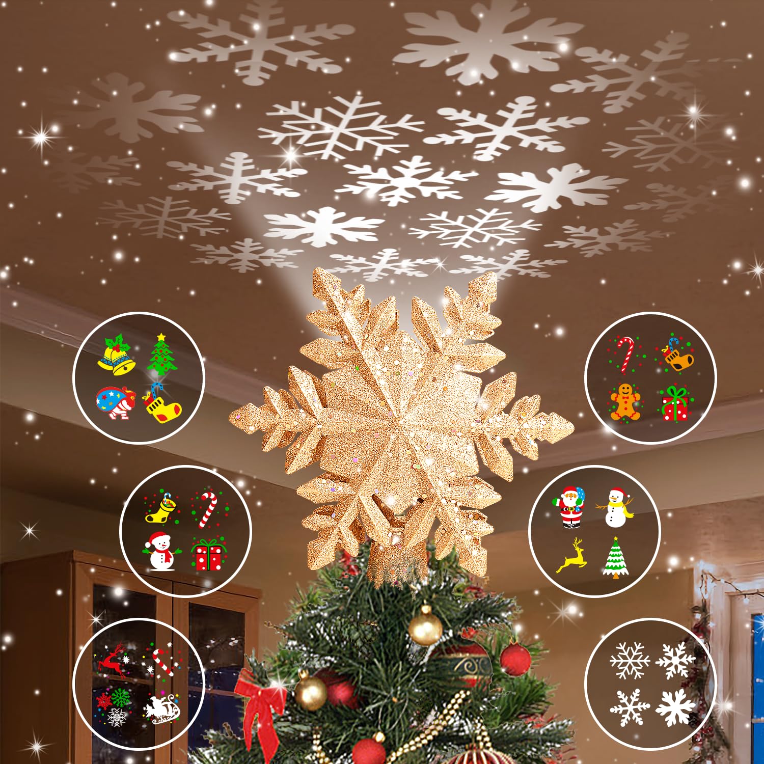 Photo 1 of DG-Direct Christmas Tree Topper Lighted with 6 Projected Patterns, Led Rotating Magic Snowflake, 3D Hollow Glitter Lighted Silver Snow Tree Topper for Christmas Tree Decorations, Gold
