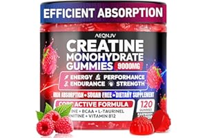 AEQNJV Creatine Gummies Monohydrate Complex 9000MG, Pre-Workout for Men & Women, Creatine Gummy with L-Taurine, BCAA 2:1, B12/6 for Muscle Support, Enhance Strength, Energy Boost-120 Count