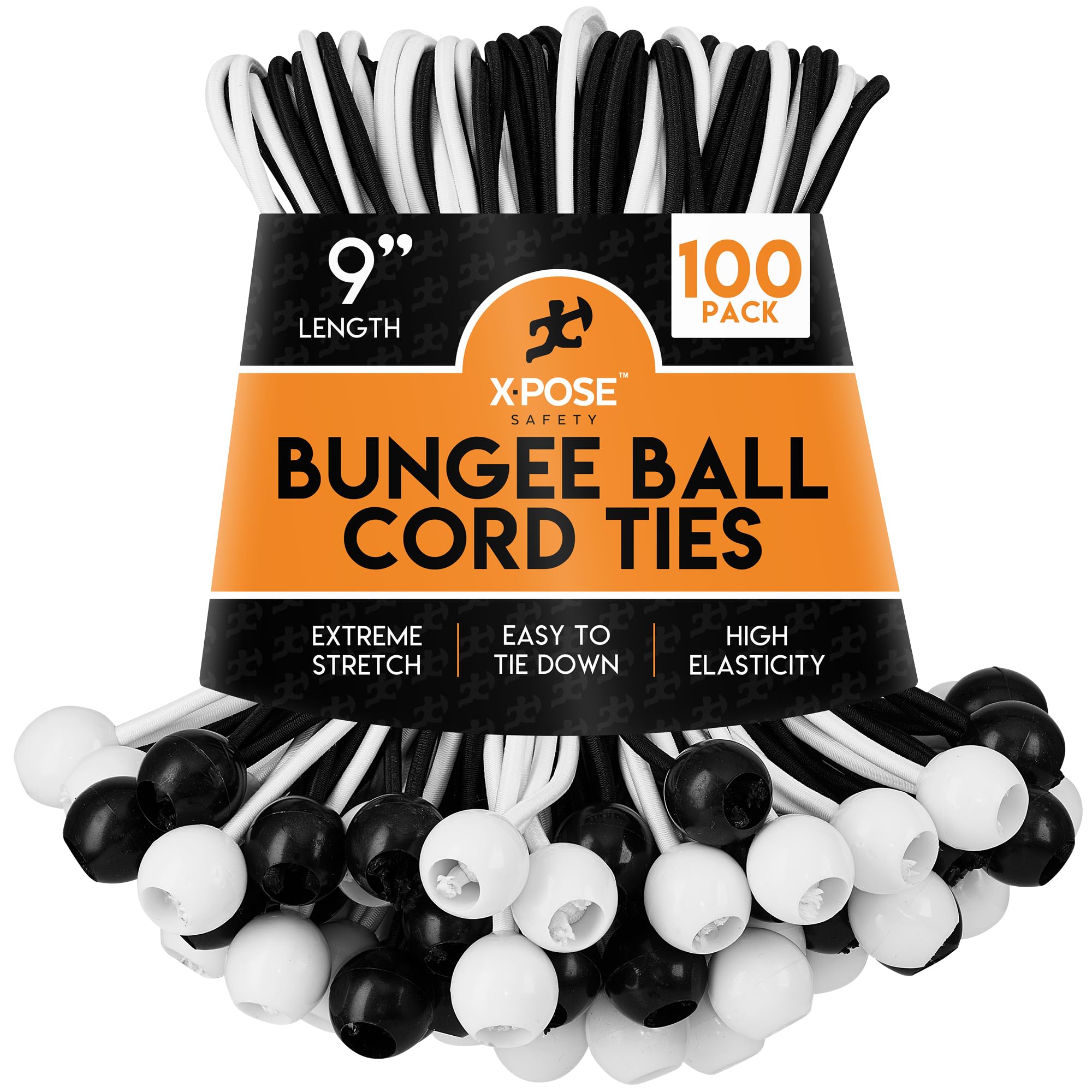 Xpose Safety Bungee Ball Cords 9" 100 Pack Heavy Duty Assorted Colors Black and White Stretch Rope with Ball Ties for Canopies, Tarps, Walls, Cable Organization Image
