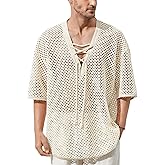 Verdusa Men's Hollow Out Lace Up V Neck Half Sleeve Shirt Vacation Hipple Knitted Tops