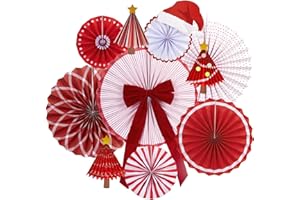 EASY JOY Christmas Paper Fan Decorations Christmas Decorations Classroom Red Hanging Paper Fans 10PCS with Santa Hat Gold Stars for Xmas Winter New Year Wall Ceiling Party Holiday