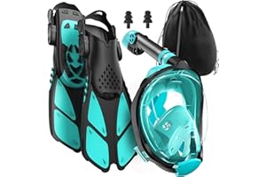 COZIA DESIGN Snorkeling Gear for Adults with Fins - Full Face Snorkel Mask and Swim Fins, 180° Panoramic View Snorkel Mask, Anti Fog and Anti Leak Adult Snorkel Set