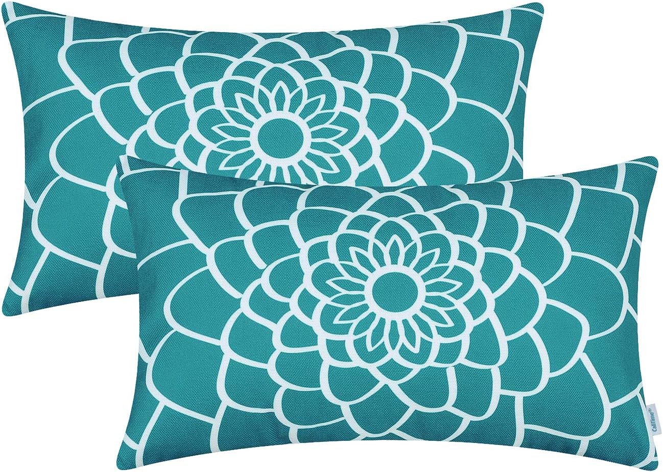 CaliTime Pack of 2 Soft Canvas Pillow Covers Cases for Couch Sofa Home Decor Dahlia Floral Outline Both Sides Print 12 X 20 Inches Teal